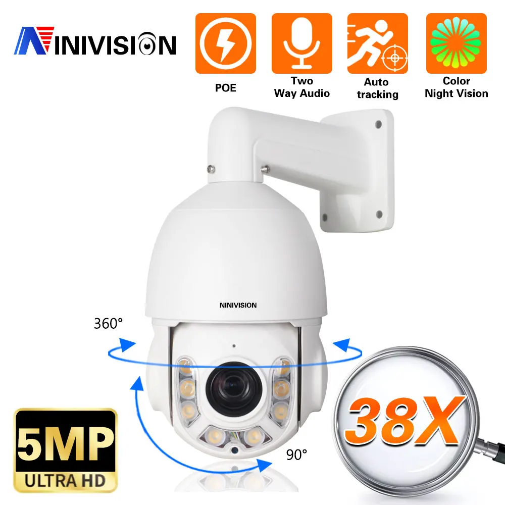 

Home Security AI Auto Tracking PTZ Camera 5MP POE HD H.265 38X Zoom Colorfu Night Vision Two Way Audio Waterproof Dome IP Camera