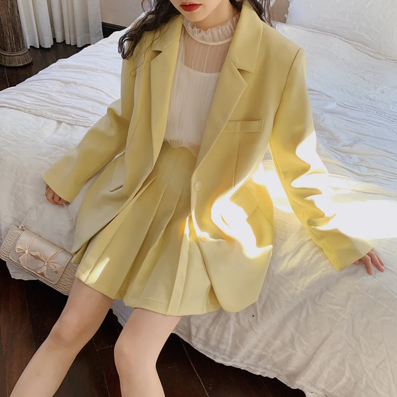 

Chic Fashion Yellow Mori Girl Blazer Set Preppy Style Solid Two Buttons Coat + Short Pleatd Skirt Set Autumn Women 2 Piece Set