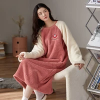 new plush thickened long sleeved nightdress womens long knee loose cartoon sweet students wear home clothes outside