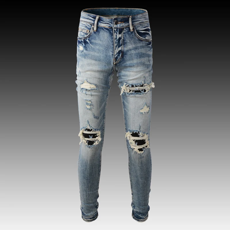 Streetwear Fashion Men Jeans Retro Blue Elastic Slim Fit Ripped Jeans Men Patched Designer Brand Hip Hop Destroyed Punk Pants