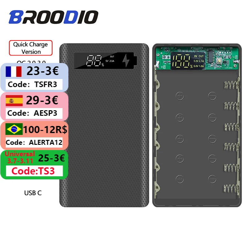 Быстрая зарядка версия 6*18650 чехол с внешним аккумулятором двумя USB-портами QC 3 0 PD