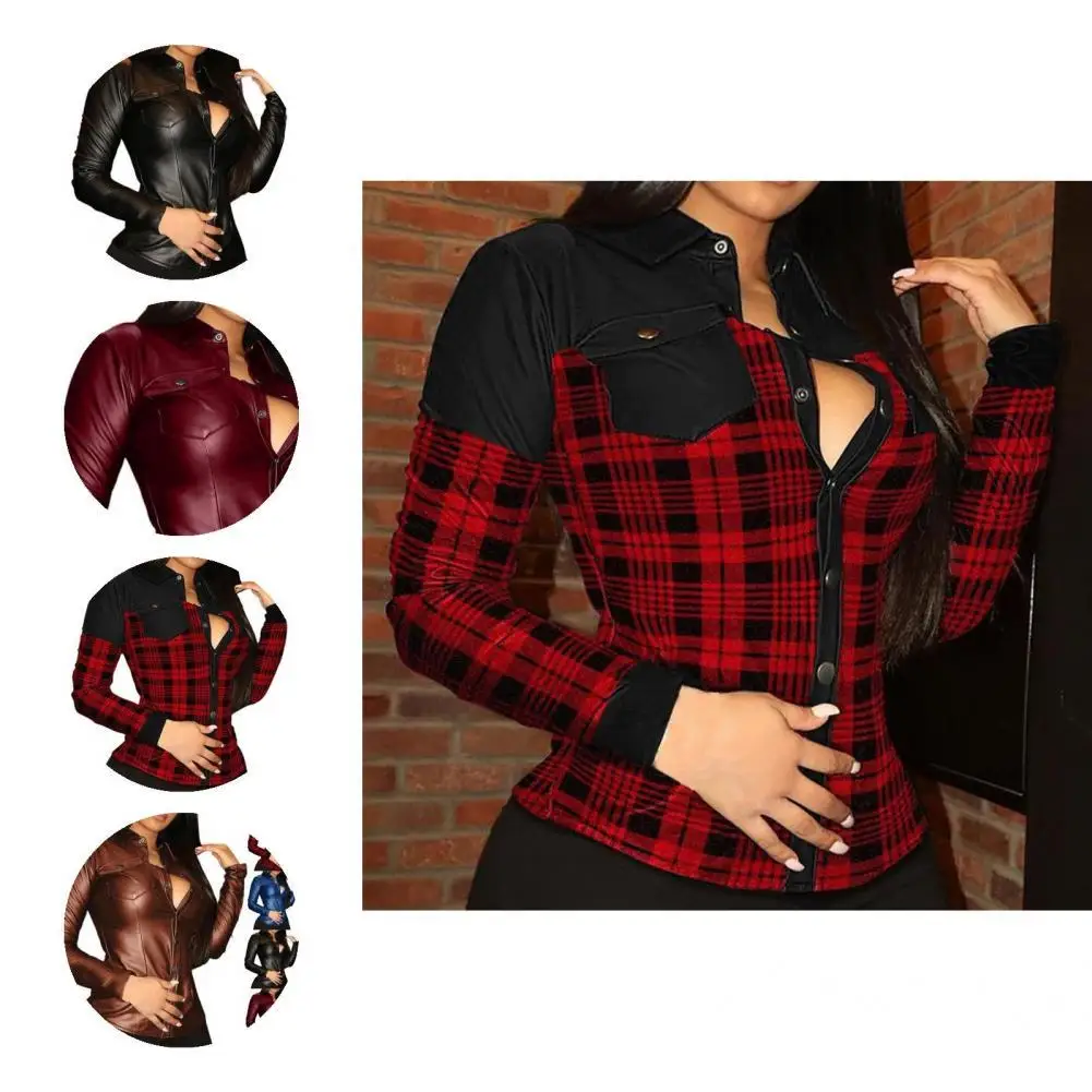 

Women Top Turndown Collar Women Shirt Slim-fiitting Pure Color Shirt