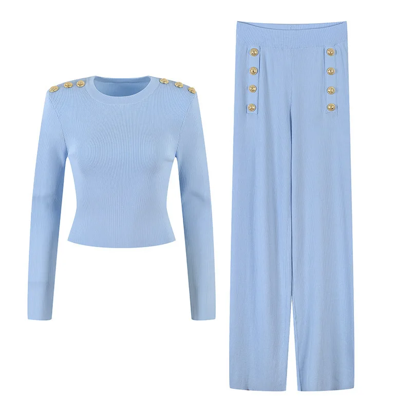 

Lounge Wear Wool Blend Trousers Knit 2 Pieces Sets Women Metal Button O-Neck Long Slevee High Waist Wide-Leg Pants Ladies Sets
