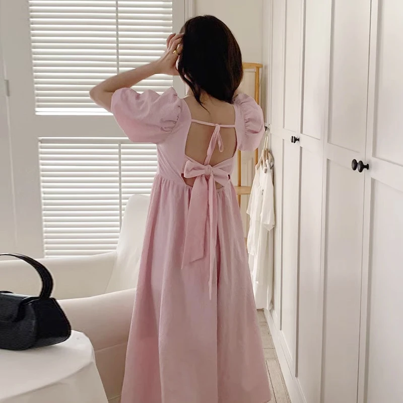 

Clothland Women Sweet Pink Midi Dress Backless Bow Tie Lace Up Short Sleeve High Waist Cute Casual Dresses Vestido QC360