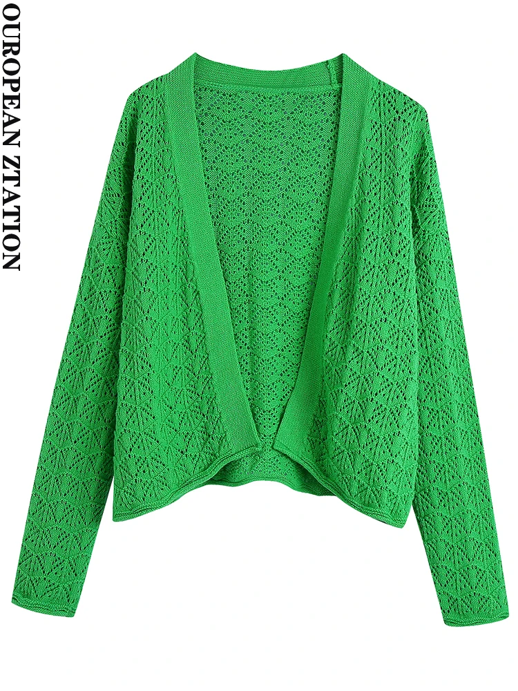 

PAILETE Women 2022 fashion hollow out knit open cardigan sweater vintage long sleeve loose female outerwear chic tops