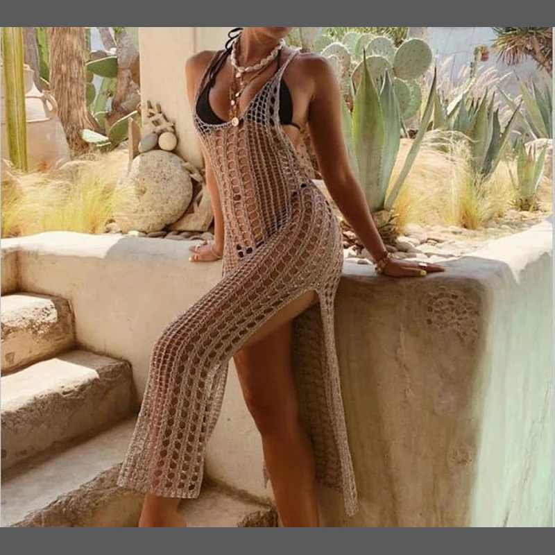 

Beach Dress Women 2022 Cover Up Long Summer For New Outside Bikini Golden Hollow Out Take Prevent Solid Cotton Covered Coverup