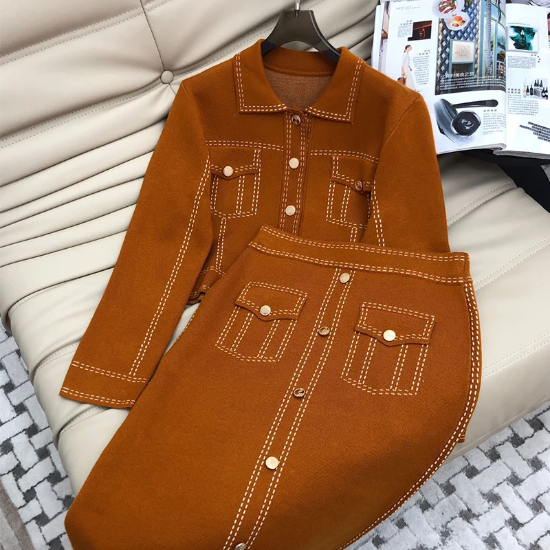 

Fashion 2 Piece Sets Skirt Women Wool Lapel Single Breasted Knitted Cardigan High Waist Pockets Skirts Elegent Office Lady Suits