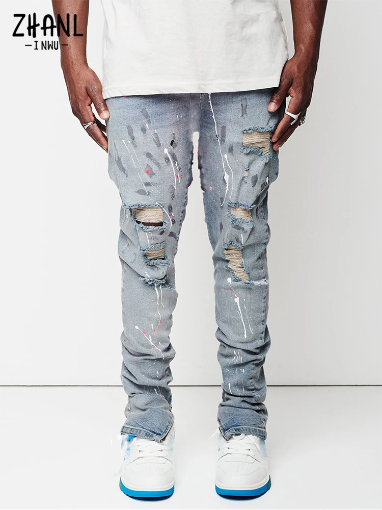 England New Design jeans Men Paint Slim Fit Cotton Ripped denim pants Biker Skinny Distressed knee damage light blue jeans