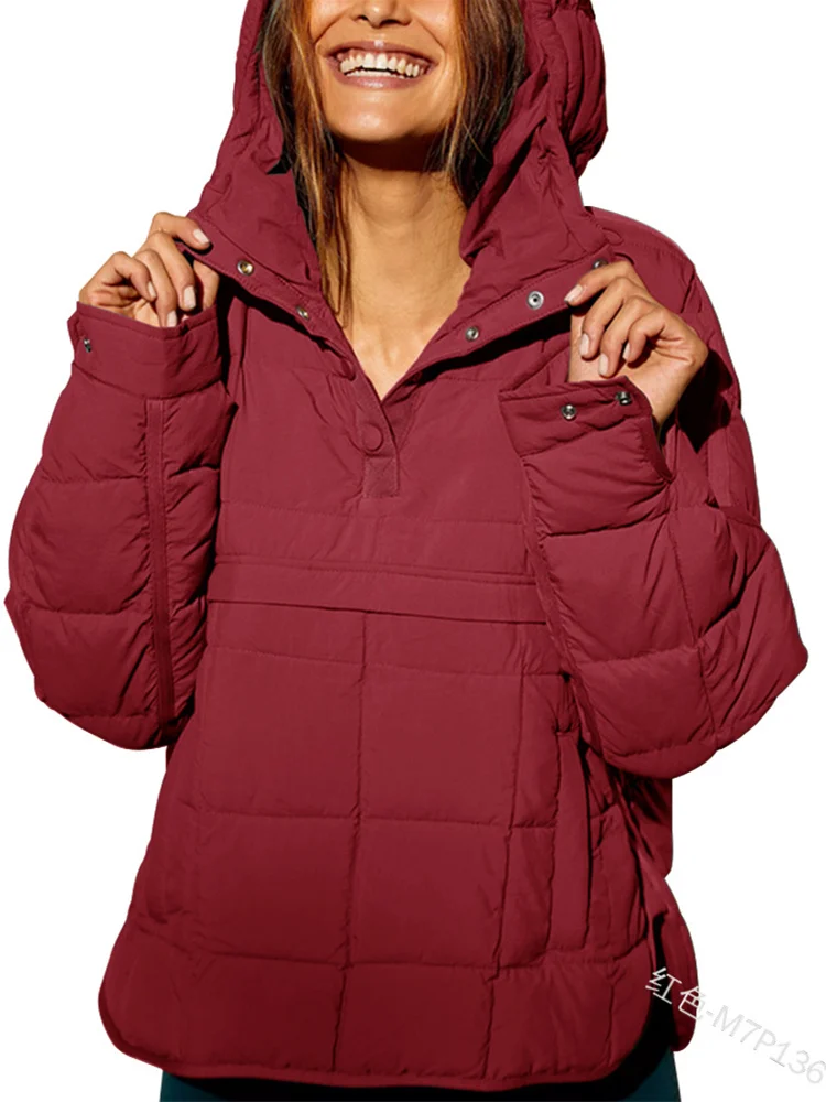 Mandylandy Women Vintage Winter Warm Thick Hooded Parka Coat Fashion Casual Long Sleeve Irregular Pullover Top Jacket Outwear
