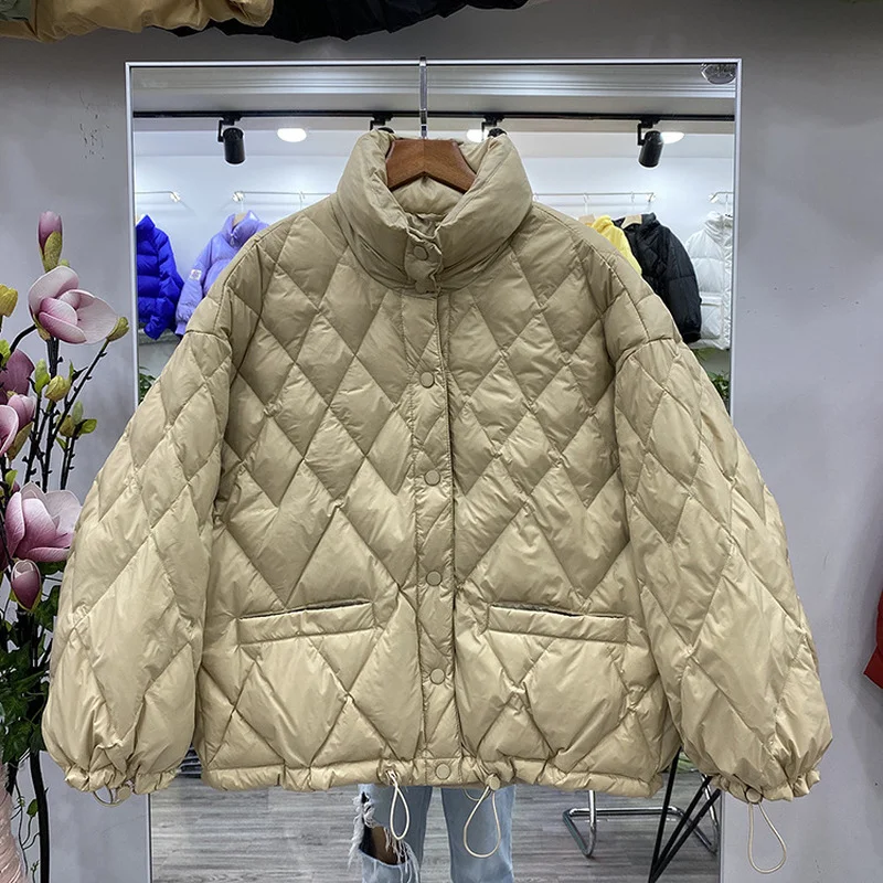 Korean Style Loose Fashion Stand-up Collar Diamond White Duck Down Jacket Women's Short Coat Thin Velvet Loose Casual Jacket