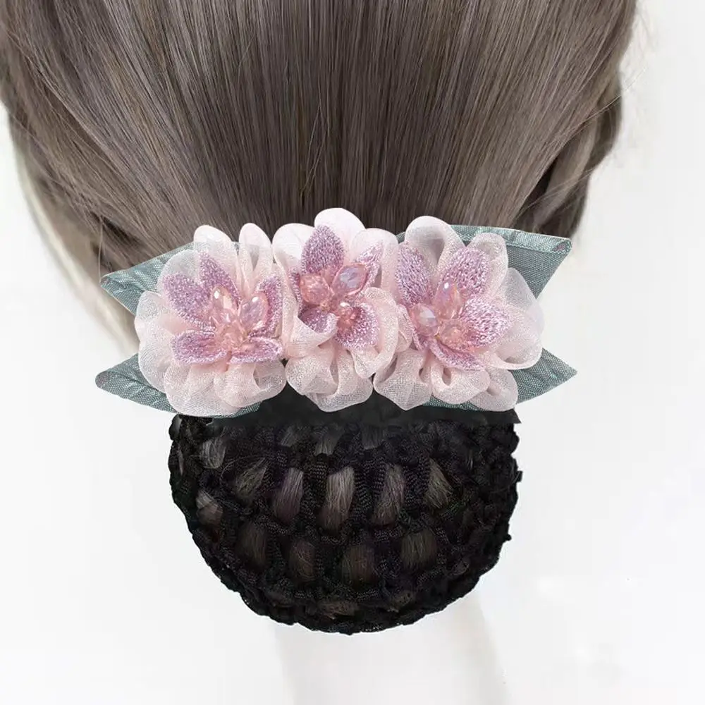 z kryształowej siatki na włosy Pearl Lady Dance Headdress Lace Flower Hair Net Korean Bun Snood Women Spring Clips Hairgrips Cover