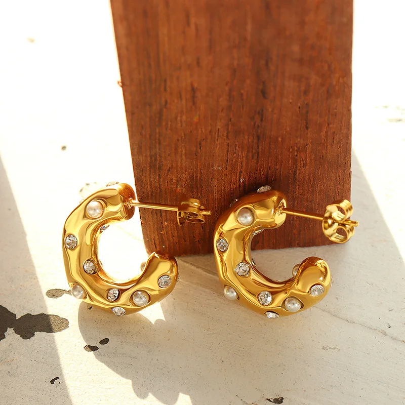 Shiny Multicolour Zircon CC Shape Hoop Earrings For Women 18K Gold Plated Stainless Steel Circle Earrings Jewelry