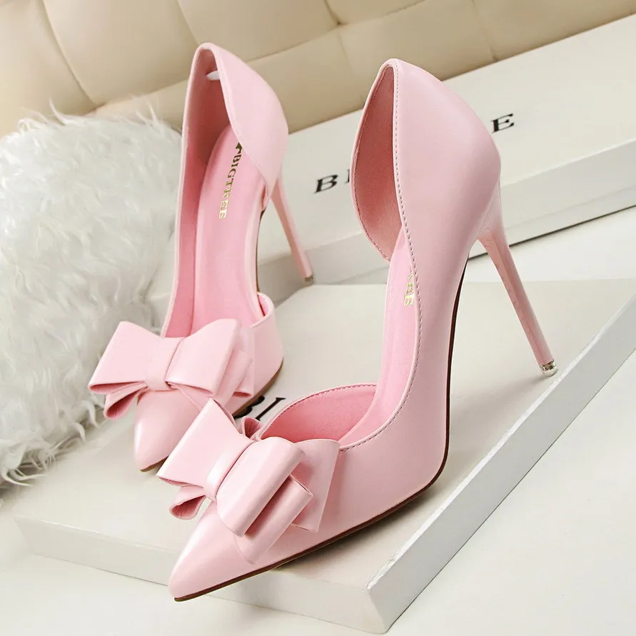 

Women High Heels Sandals PU Bow Tie Stiletto Shallow Mouth Pointed Side Cutout Solid Color Fashion Shoes