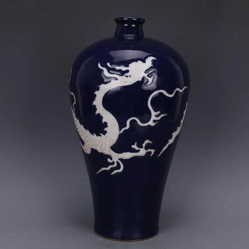 

Dark Blue Vase 14 Inch White Carving Cloud Dragon Plum Bottle Chinese Navy Vase Handmade Antique Unearthed Old Ceramic Vases Jug