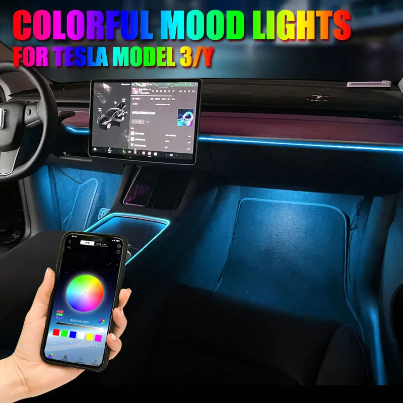 

For Tesla Model 3 Y Interior Car Neon Lights Center Console Dashboard Ambient Lighting Cigarette Lighter APP Control LED Strip
