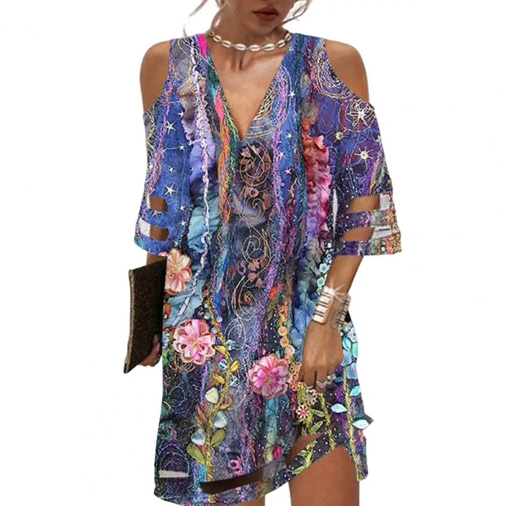 

Women Summer Dress Lace Cuffs Cutout Short Sleeves Flower Printing Deep V-neck Dating Off Shoulder Contrast Color Mini Dress