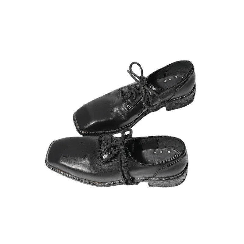 

yinjiefushi Square head horse leather shoes female shoes Horse skin Thick heel handwork Single shoe Leather sole women shoes