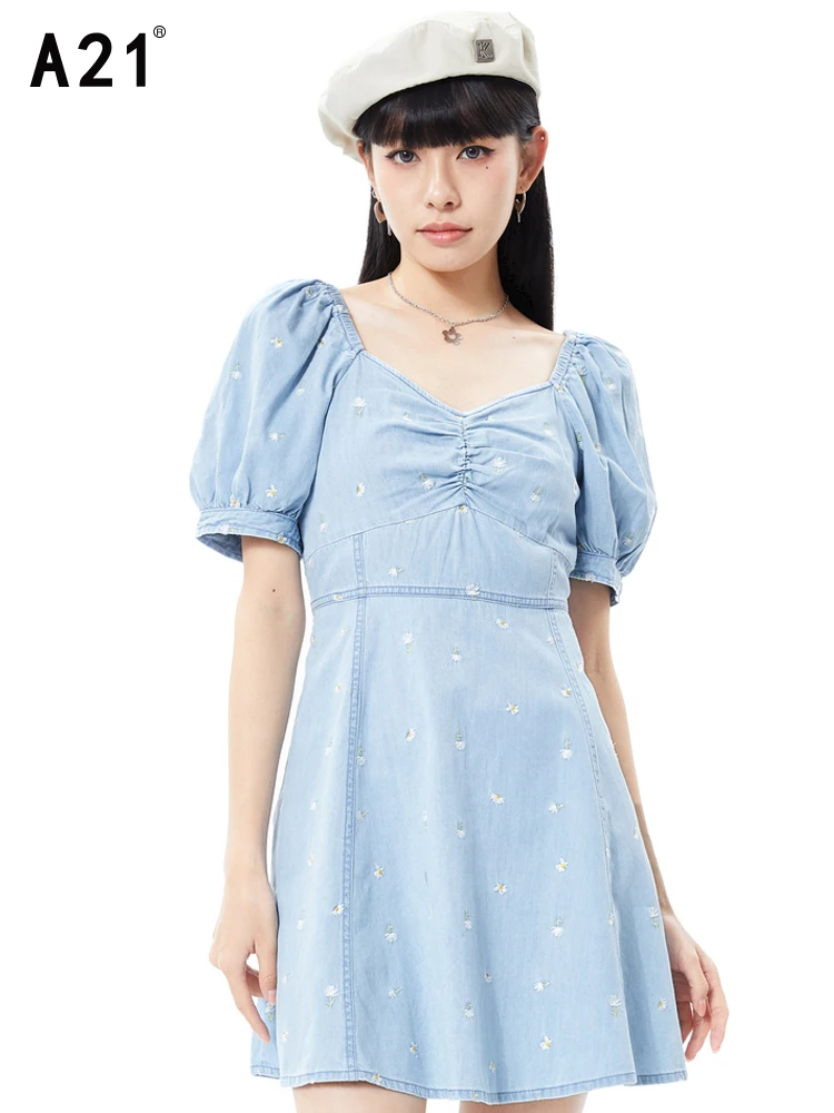 Женское джинсовое платье с коротким рукавом V-образным вырезом и цветочной