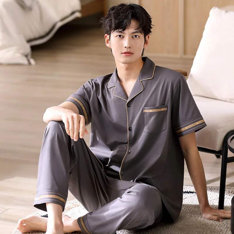 Summer Men's Cotton Pajamas Solid Color Sleepwear Letter Pajama Sets Casual Cardigan Sleep&Lounge Pyjamas Big Yards 3XL Pijamas
