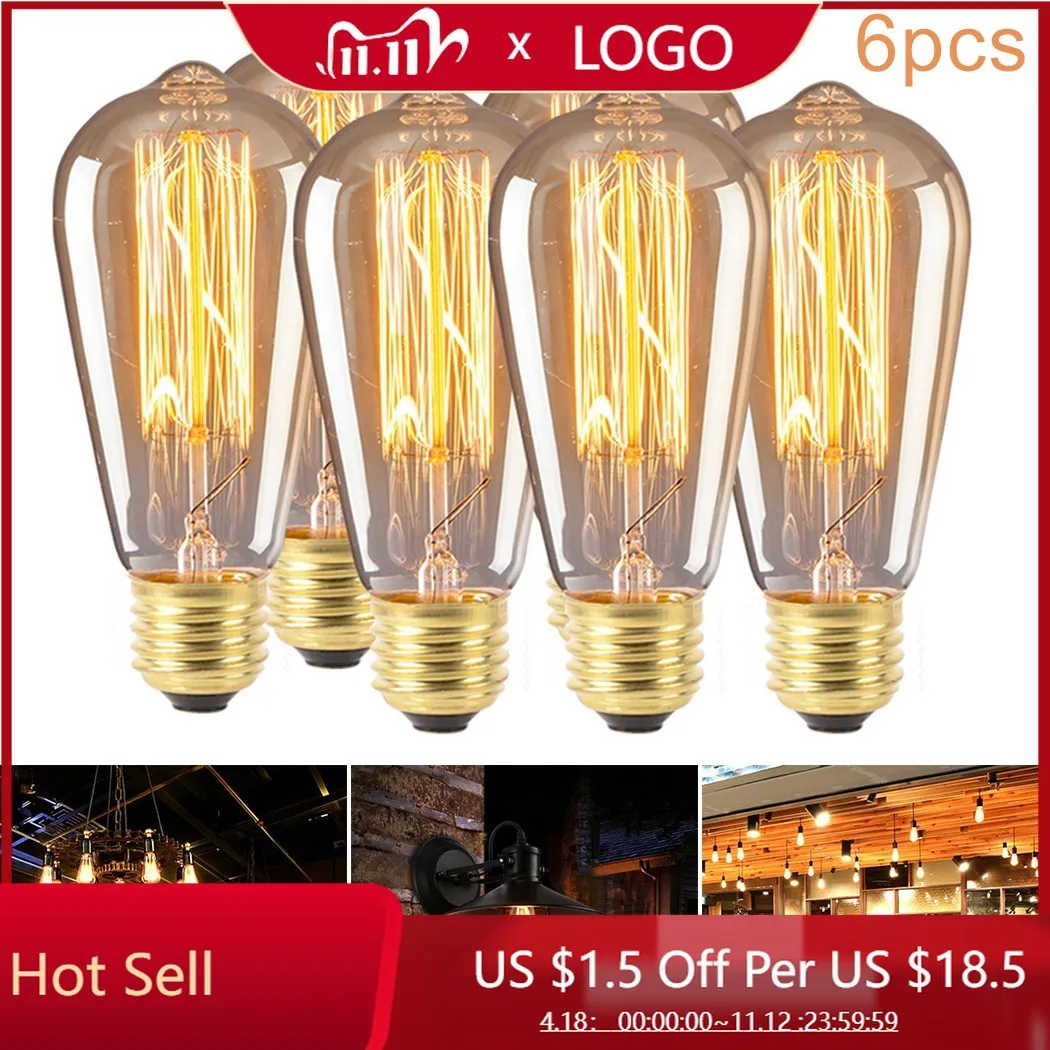 

Винтажные Ретро лампы Эдисона ST64 E27, 6 шт., 40 Вт, светильник ПА накаливания с нитью накаливания, теплая желтая лампа накаливания, декоративсве...