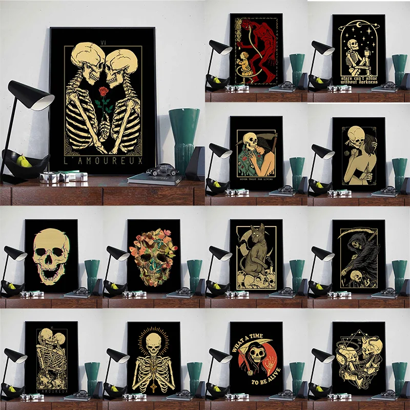 

Винтажный художественный постер с черепом для влюбленных, череп и хиппи Love, Картина на холсте, винтажное настенное искусство, украшение для ...