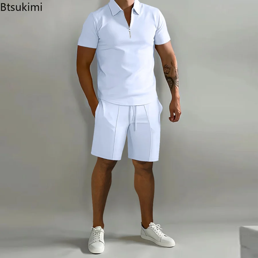 New Summer Men's POLO Shirt 2-piece Suit Casual Solid Color T-shirt and Shorts Sleeve Lapel Tops And Shorts Men Sports Clothing