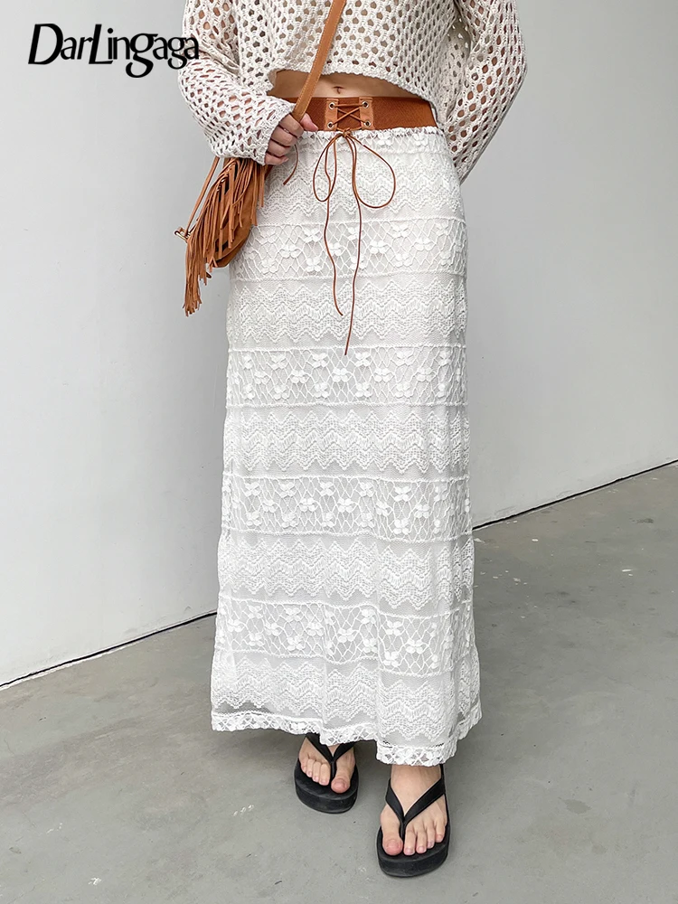 

Darlingaga Chic Beach Holidays Straight White Lace Skirt Women Patchwork Lace Up Vintage Long Skirts Double Layer Elegant Casual