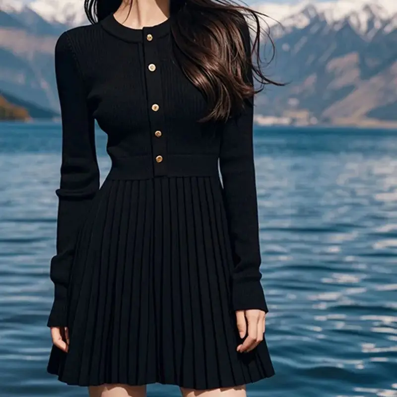 Модное плиссированное трикотажное платье осеннее новое элегантное женское