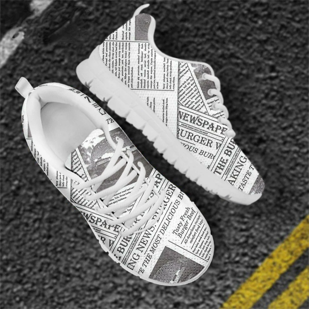 

Personalized Newspaper Pattern Women's Lace-up Flats Shoes Fashion Lightweight Mesh Sneakers Teen Girls Soft Shoes