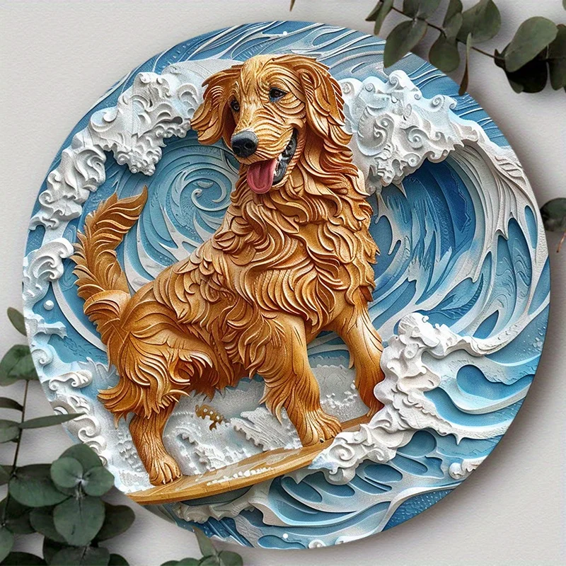 Okrągły aluminiowy metalowy znak tabliczka wieniec z płaskim wzorem psa 2D do dekoracji wnętrz zabawny wystrój jako prezenty dekoracja ścienna