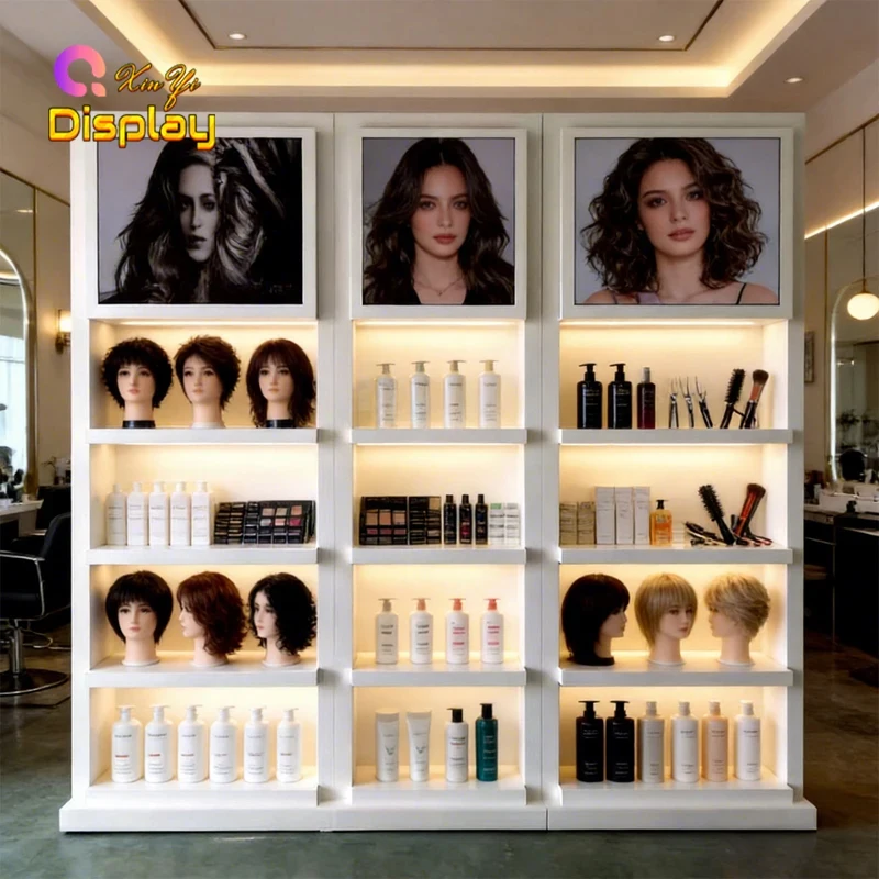 Фото Витрина для париков и средств по уходу за волосами custom.XINYI Luxury Hair Salon Cabinet Display LED Illuminated Durable Wig & Hair Care Product Display Rack с LED-подсветкой, прочная, для салонов красоты. №2