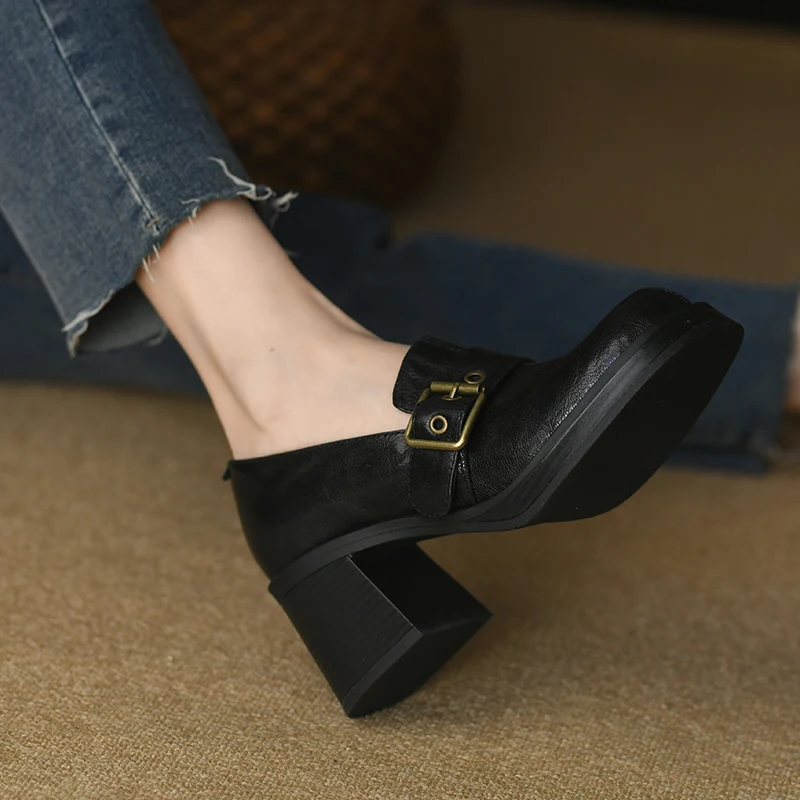 Туфли-лодочки женские на квадратном каблуке лоферы из овечьей кожи без застежки