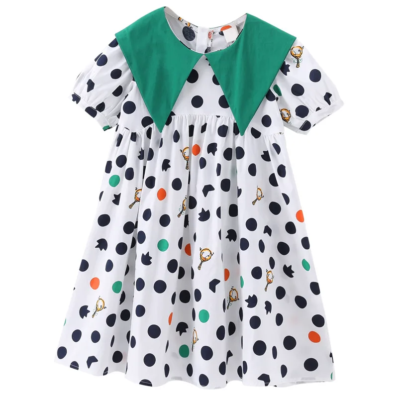 

Новинка 2022, летнее платье для девочек, хлопковое платье в горошек с кукольным воротником, платье принцессы, большая юбка с цветочным острым ...