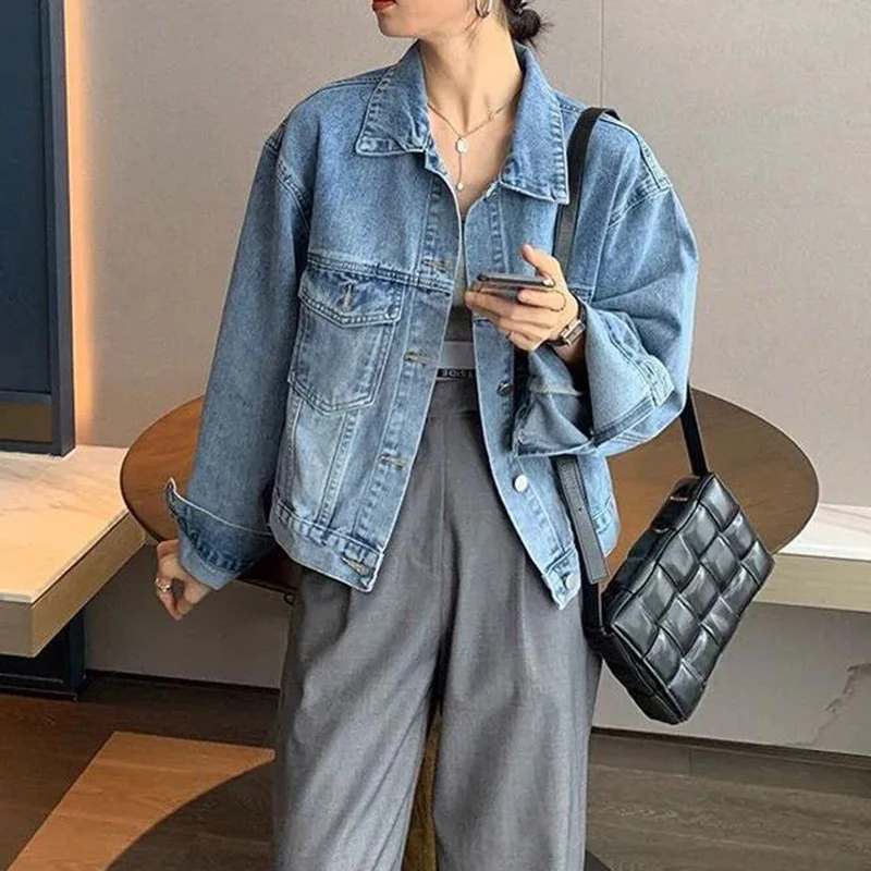 

Korean Loose Short Jackets Women Casual Streetwear Turndown Collar Denim Coat Female Vintage Bf Style Button Up Jacket