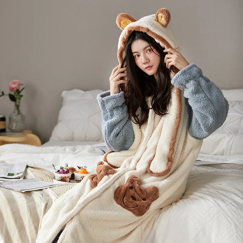 Winter Women'S Velvet Padded Pajamas Suit  Long-Sleeved Cute Hooded Ins  Two-Piece 