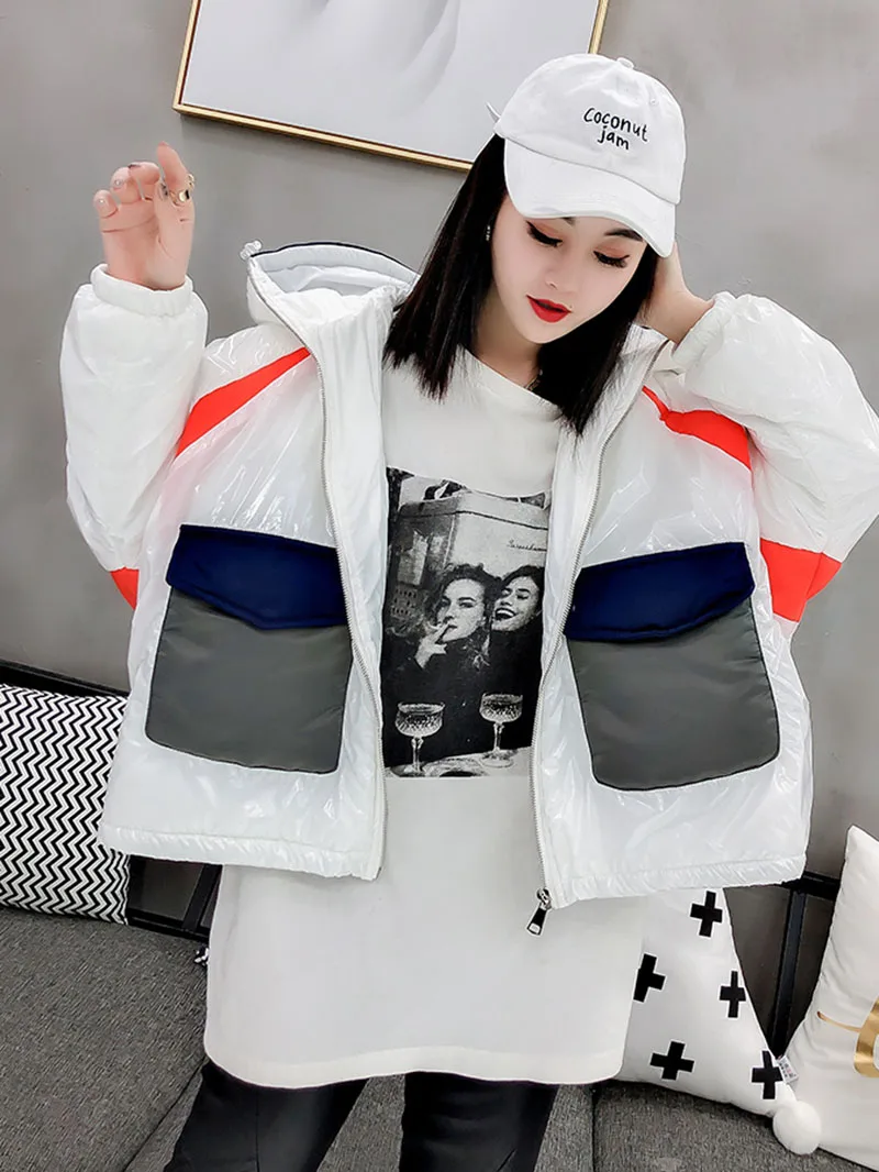 

Women Glossy Down Cotton Jacket 2022 Winter Contrast Hooded Warm Parkas Female Casual Long Sleeve Lightweight Cotton Padded Coat