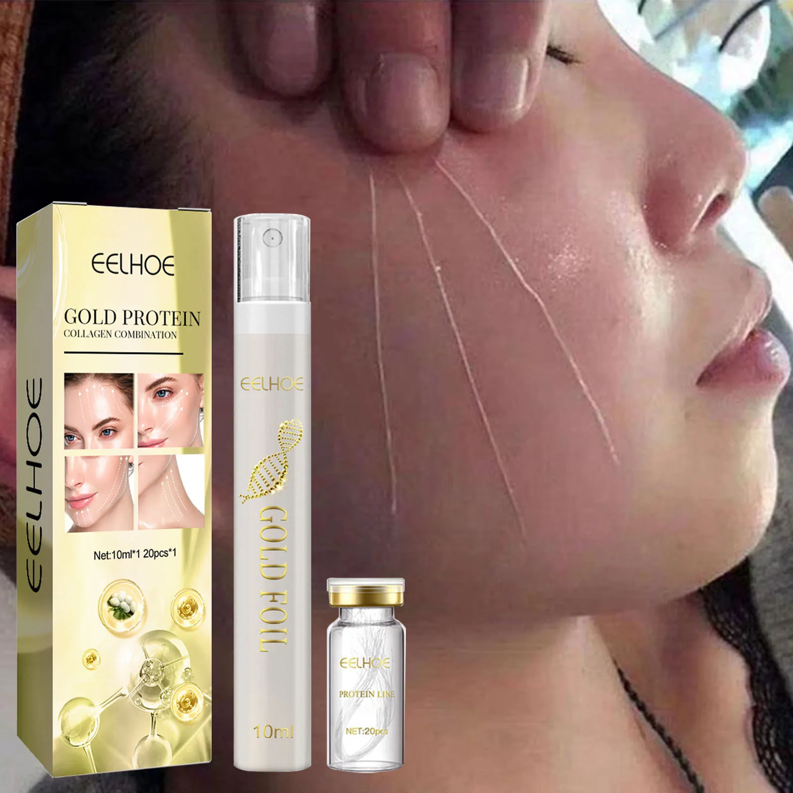 20Pcs Lift Protein Thread No Needle 24K Gold Absorbable Anti Wrinkle Serum Face Filler Firming Anti-aging Moisturizing Skin Care