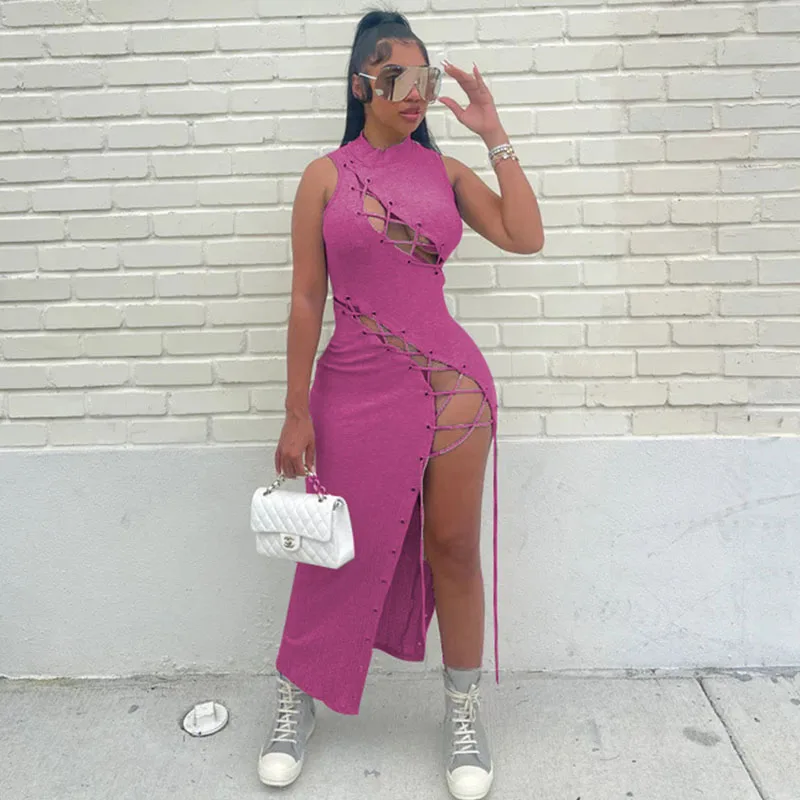

Sexy Lace-up Hollow Out Bandage Maxi Dress for Women Party Night Side Split Long Dresses Sleeveless Elegant Bodycon Club Dresses