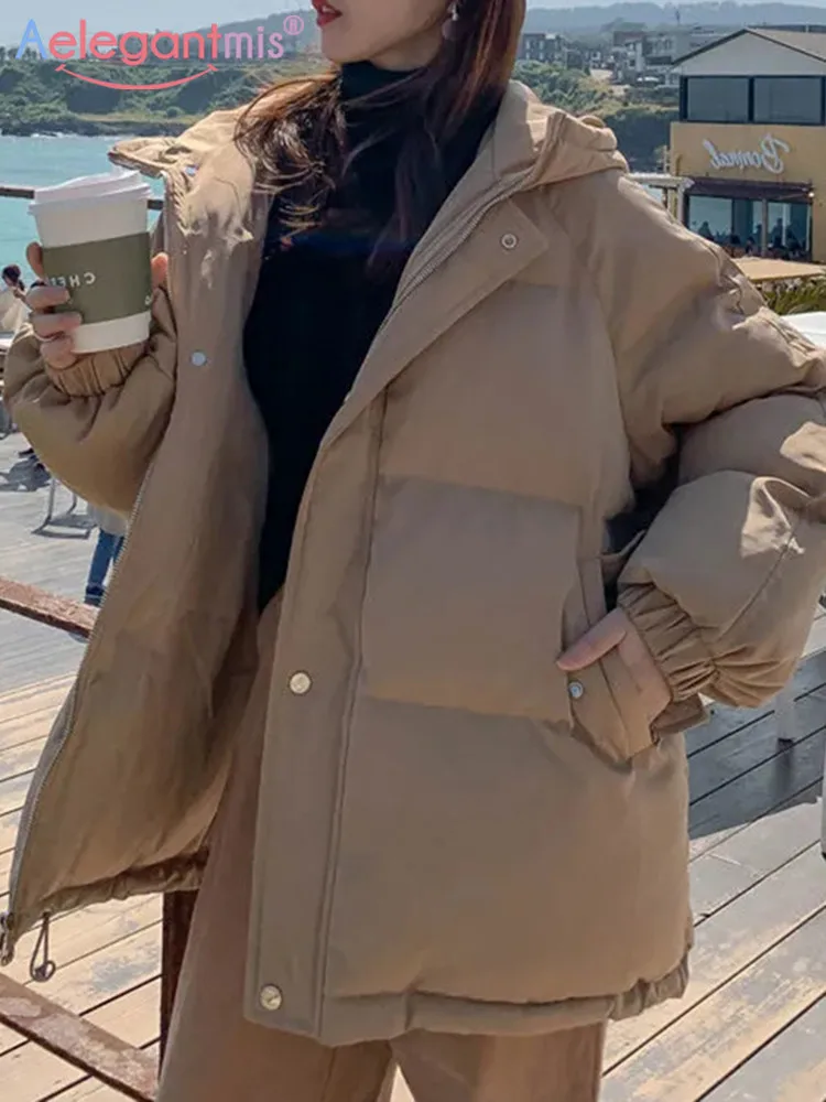 Aelegantmis Women Thicken Warm Parka Coat Loose Oversized Women's Winter Bread Coat Hooded Outwear Padded Woman Parkas Jackets