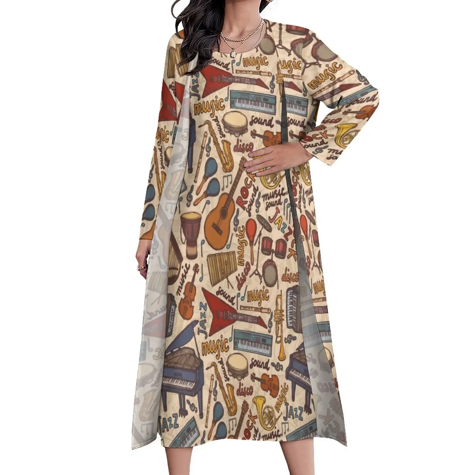 

Платье женское длинное с музыкальными узорами, винтажное пляжное макси-платье в стиле бохо, с ремешком и инструментами, уличная одежда, боль...