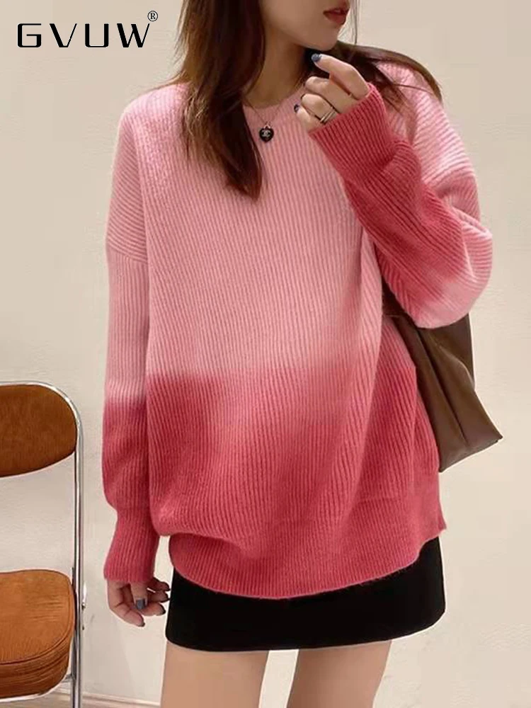 

GVUW Gradient Knitted Sweater For Women Korean Version Loose Autumn 2023 New Round Collar Pullover Top Female Elegant 17G2468