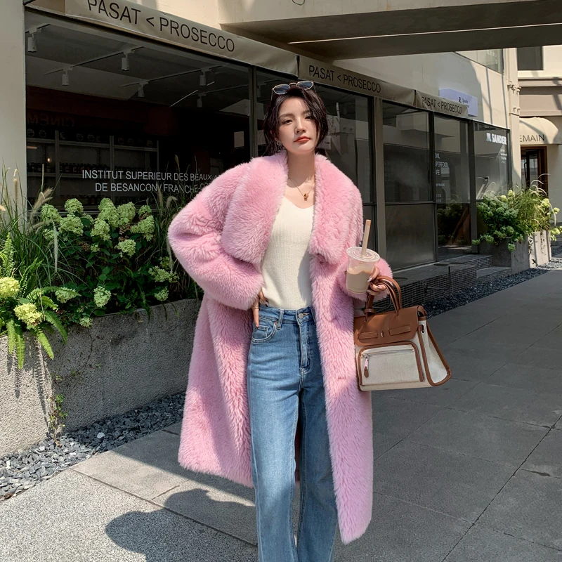 

2023 Winter Women's Fashion Sheep Shearing Jackets Female Long Solid Color Outerwear Ladies New Genuine Lamb Fur Coats F60