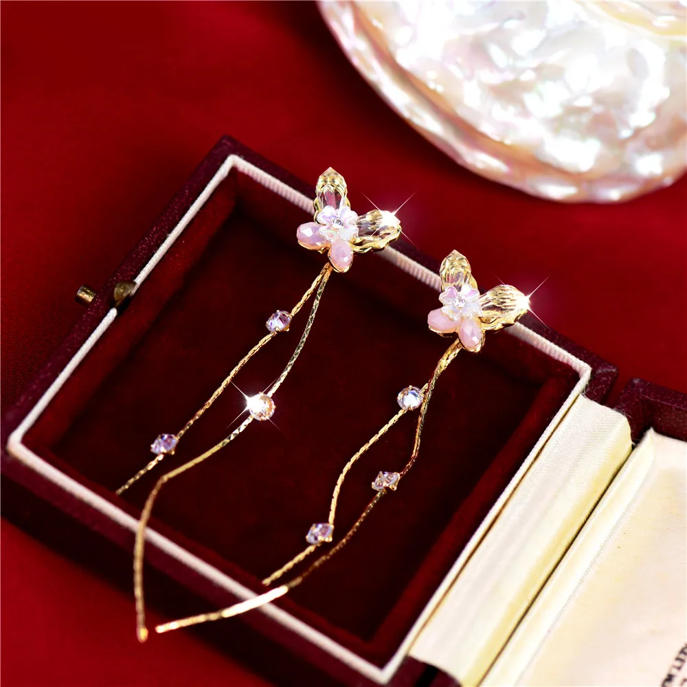 

New Zircon Crystal Butterfly Earrings Popular Design Sense Long Tassels Elegant Earrings Women's High Quality Jewelry Banquet