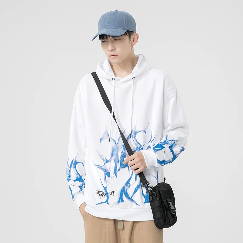 

Spring Autumn Street Hip-hop Loose Sweatshirt Men Women Couple Outfit Hooded Top Men Retro Flame Print Hoodie Korean Harajuku Bf