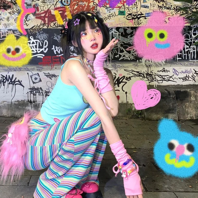 

Жилет женский оверсайз с принтом, жилет и E-Girl в стиле Харадзюку и милые радужные полосатые широкие брюки, комплект из двух предметов, на лето