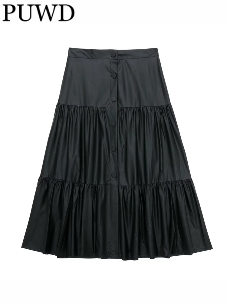 

PUWD Women Black Ruffle PU Fake Leather Mid-long Skirt 2022 Fall/Winter Vintage High Waist Fold Loose Female Skirts Mujer