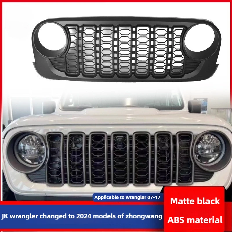 Фото Подходит для JEEP Wrangler 2007-2017 JK, а также для JL 2024 года, решетка радиатора матово-черного цвета, для переоборудования старой модели JK в новую модель с решеткой. №1