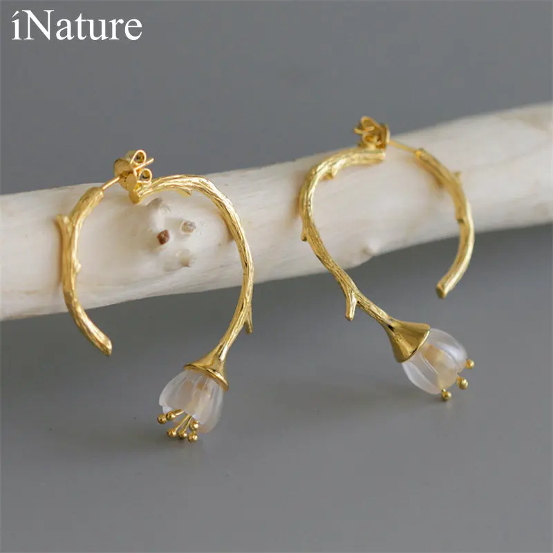 

INATURE 925 Sterling Silver Red Coral Flower Branch Big Hoop Earrings for Woman Statement Jewelry