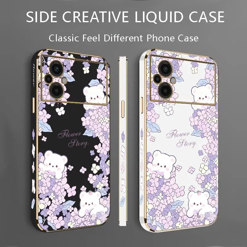 Flower Bush Bear Luxury Plating Phone Case For Xiaomi Poco M5 F4 F4 GT X4 X4 GT M4 Pro F3 X3 M3 X3 NFC X2 X3 Pro C40 Cover