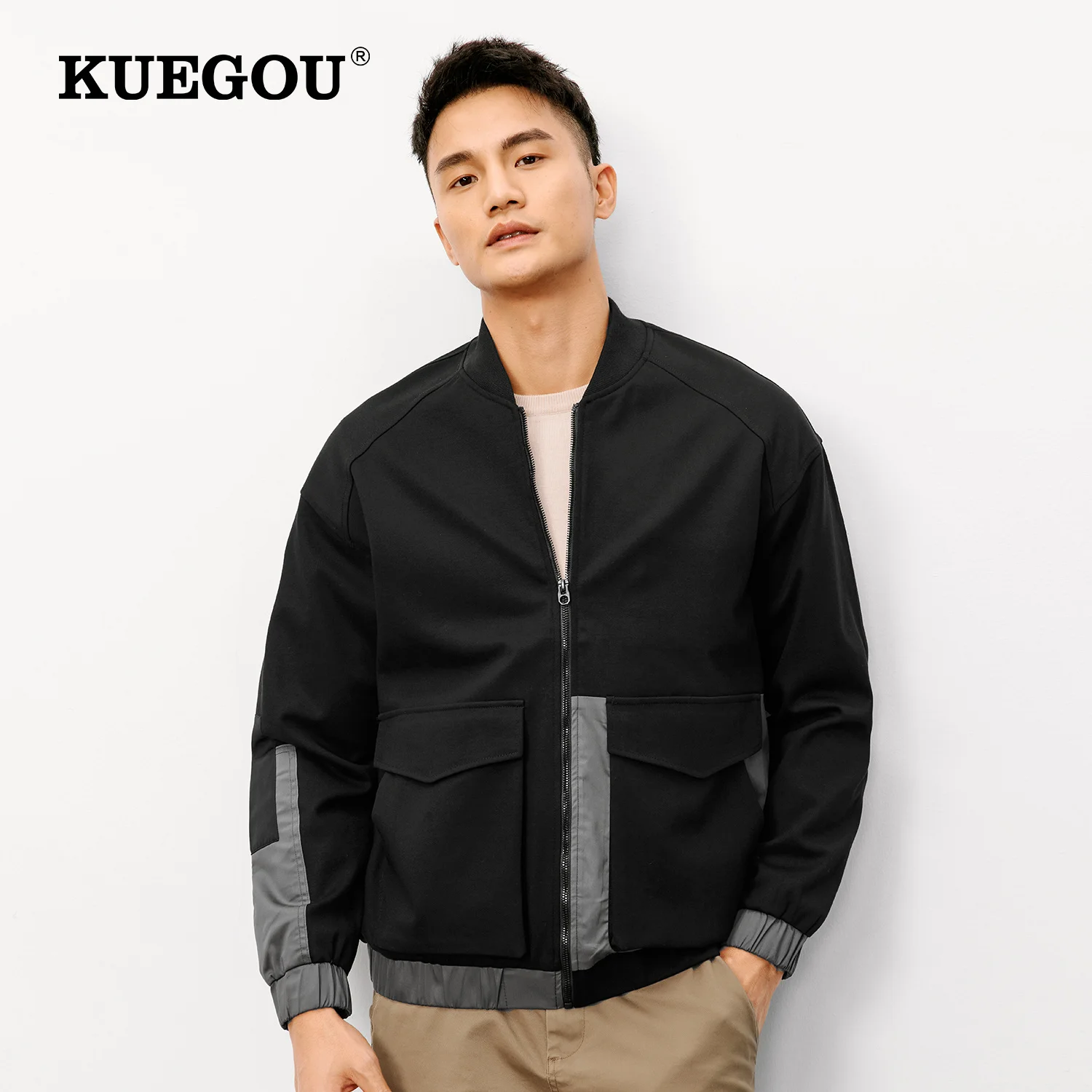

KUEGOU 2022 Spring Jacket Men Cotton Coat Hip Hop Japanese Streetwear Vintage Male Korean Bomber Baseball Varsity Clothes 8823